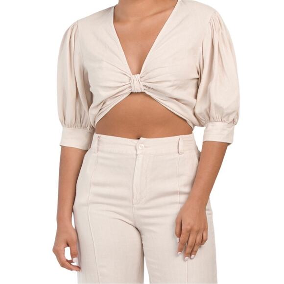 YFB Young Fabulous Broke Linen Cropped Knot Front Miranda Top Oatmeal XS - Picture 1 of 8